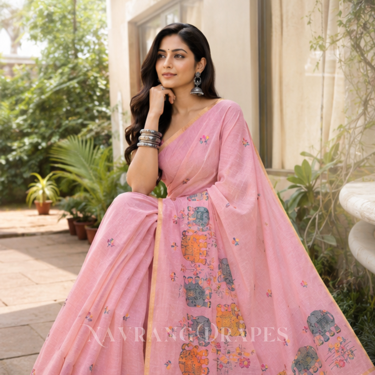 ELEPHANT MOTIF HAND WORK SAREE | PINK