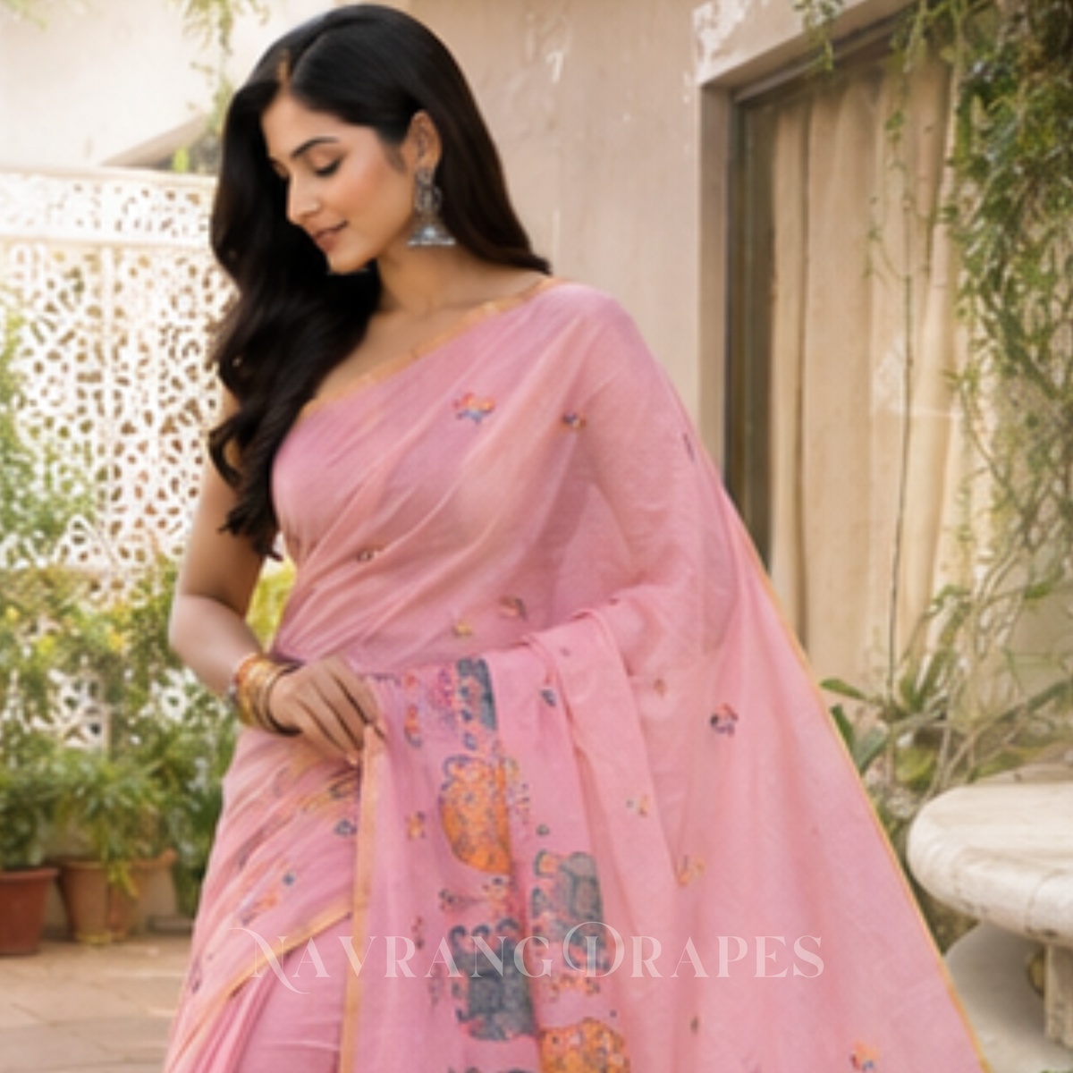 ELEPHANT MOTIF HAND WORK SAREE | PINK