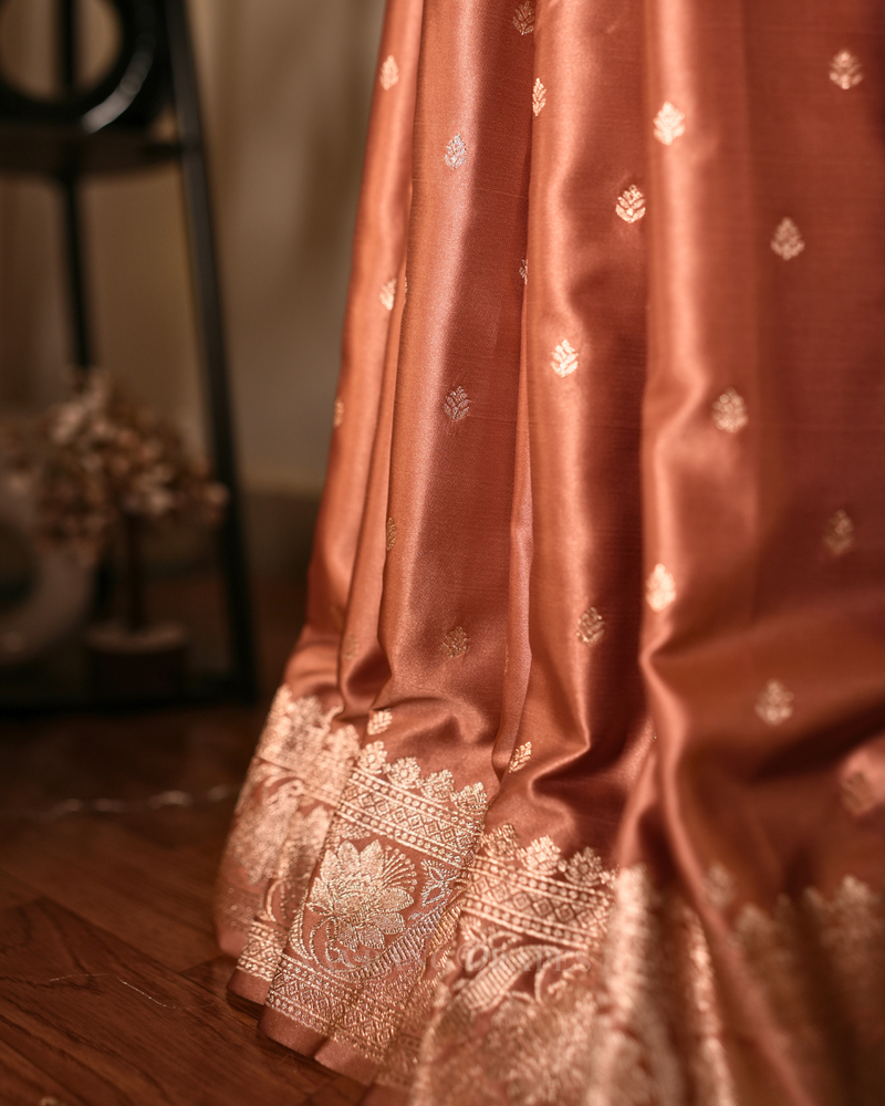 Imperial Jade – Banarasi Satin Silk Saree (Royal Brown)