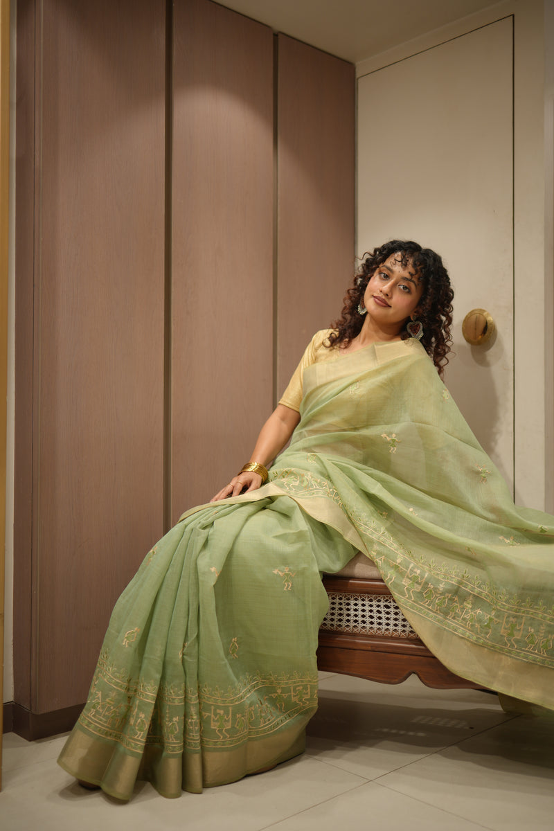 THE VARLI ART SAREE | PISTA GREEN GREEN