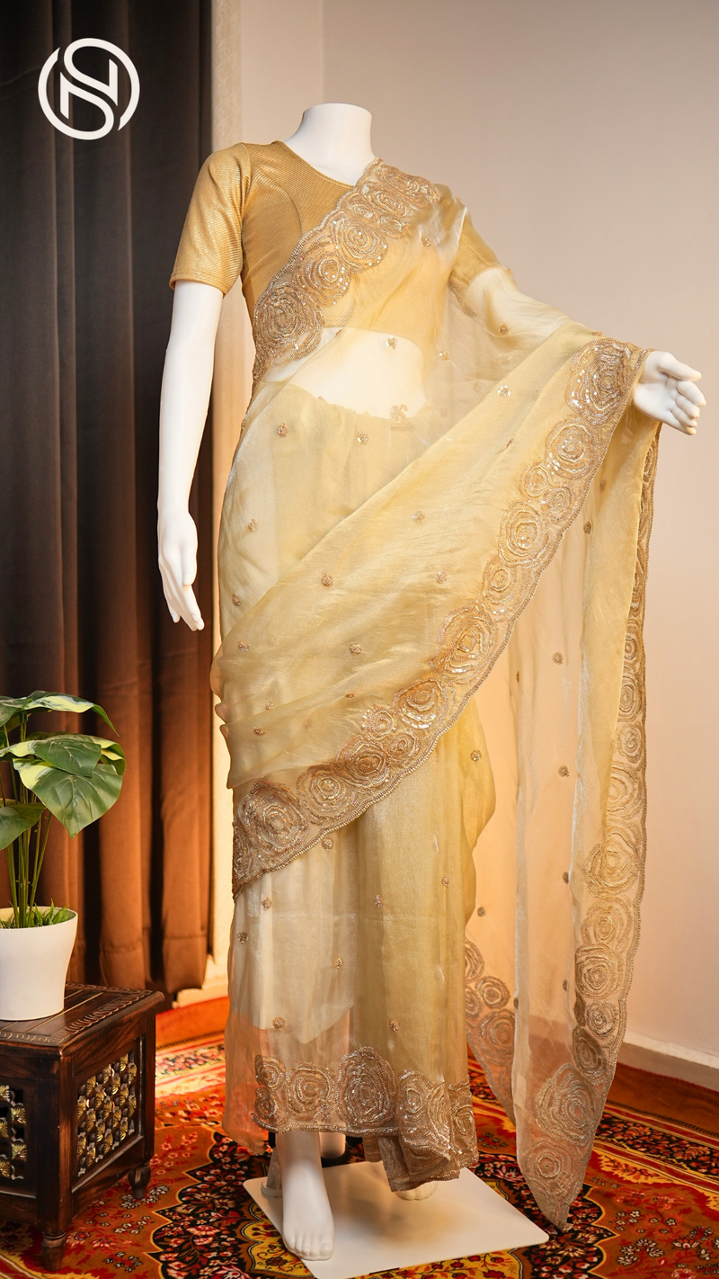 Noor-e-Banaras | Banarasi Soft Tissue Silk Saree with Handwork Border | Pista Green