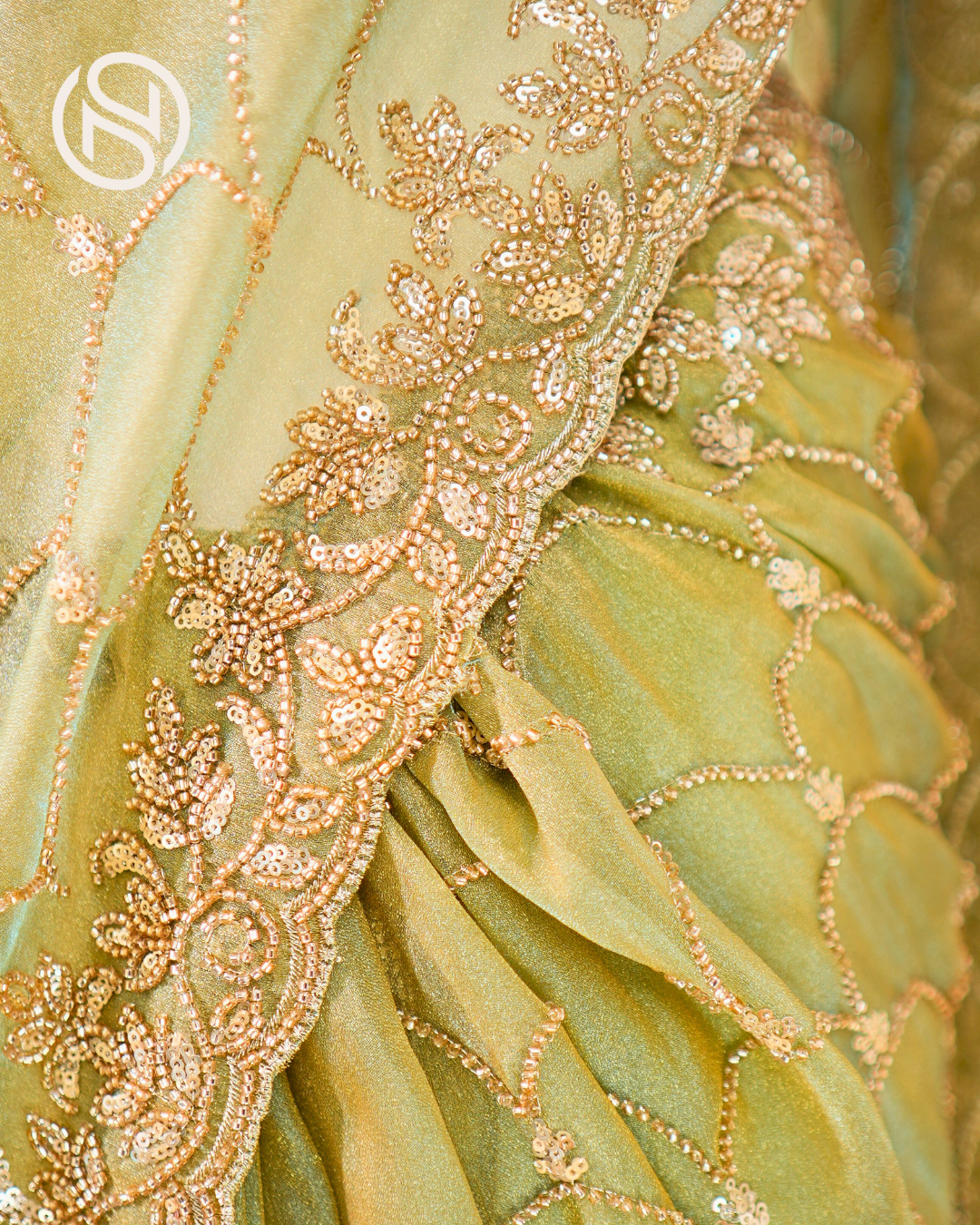 Swarna Beets Canvas | Antique Gold Work Soft Tissue Saree | Sage Green