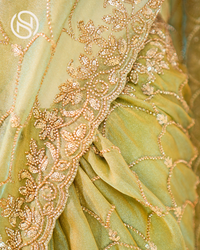 Swarna Beets Canvas | Antique Gold Work Soft Tissue Saree | Sage Green