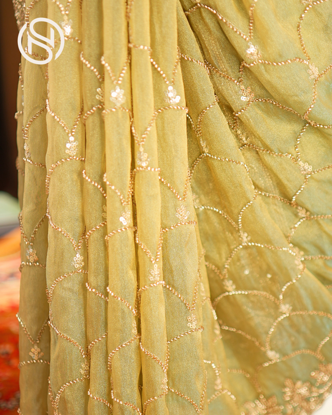 Swarna Beets Canvas | Antique Gold Work Soft Tissue Saree | Sage Green