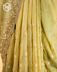 Swarna Beets Canvas | Antique Gold Work Soft Tissue Saree | Sage Green