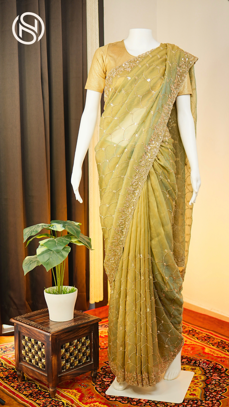 Swarna Beets Canvas | Antique Gold Work Soft Tissue Saree | Sage Green