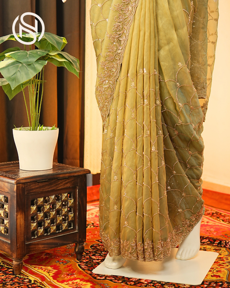 Swarna Beets Canvas | Antique Gold Work Soft Tissue Saree | Sage Green